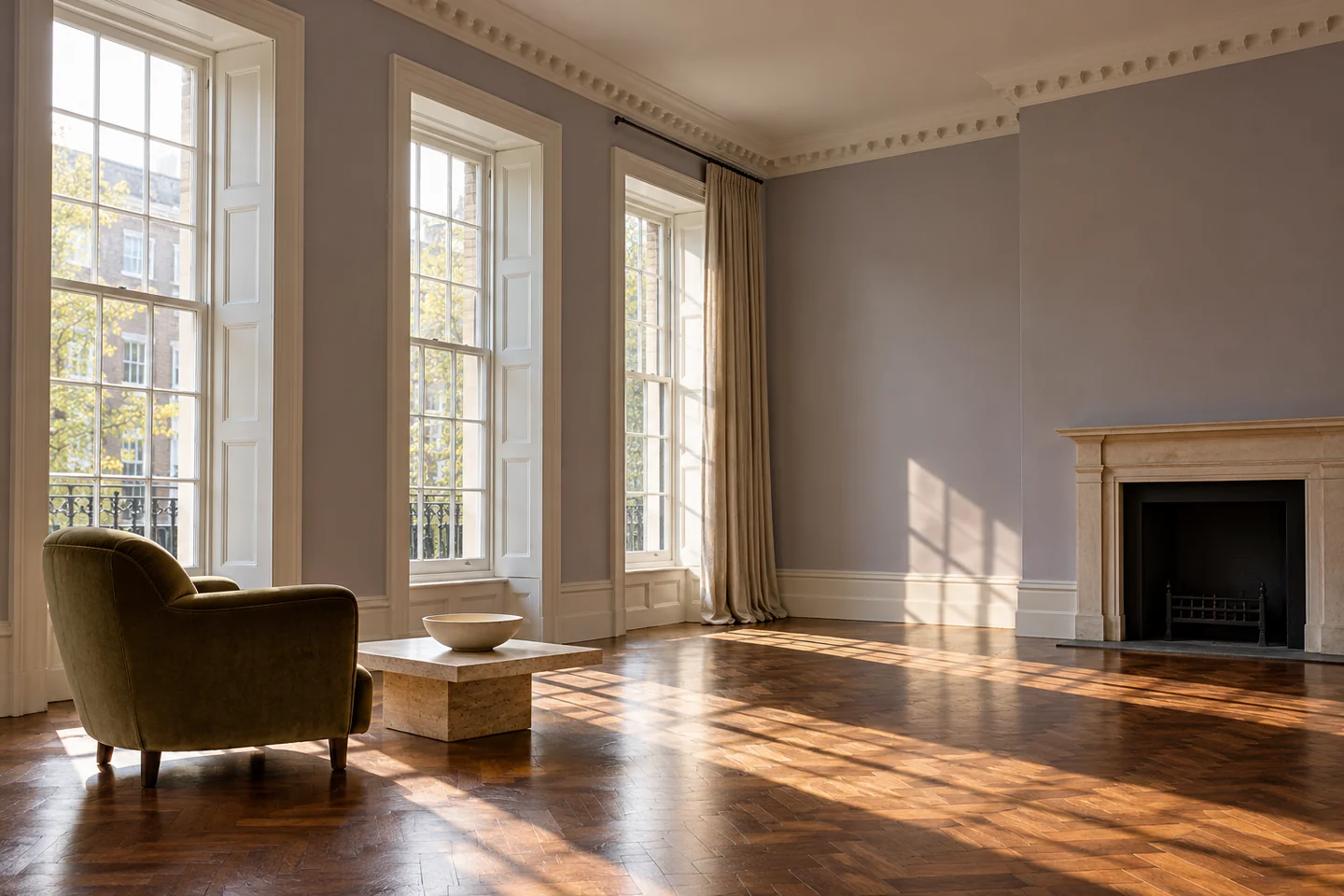 Georgian drawing room with tall sash windows, cornicing and lavender-grey walls