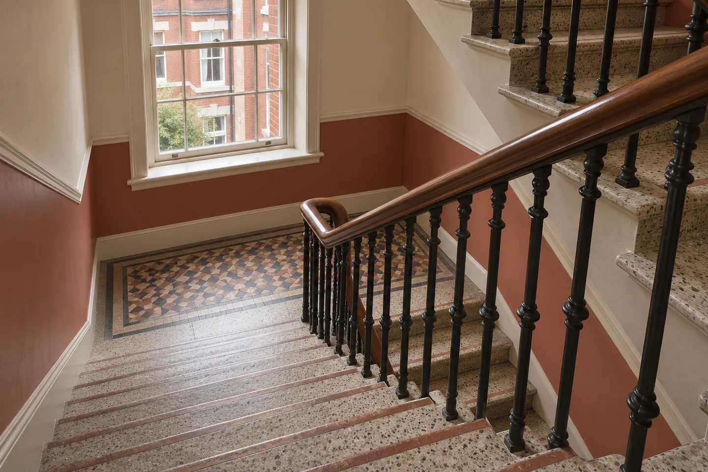 Mansion-block communal staircase with stone-coloured walls, terracotta dado and timber handrail