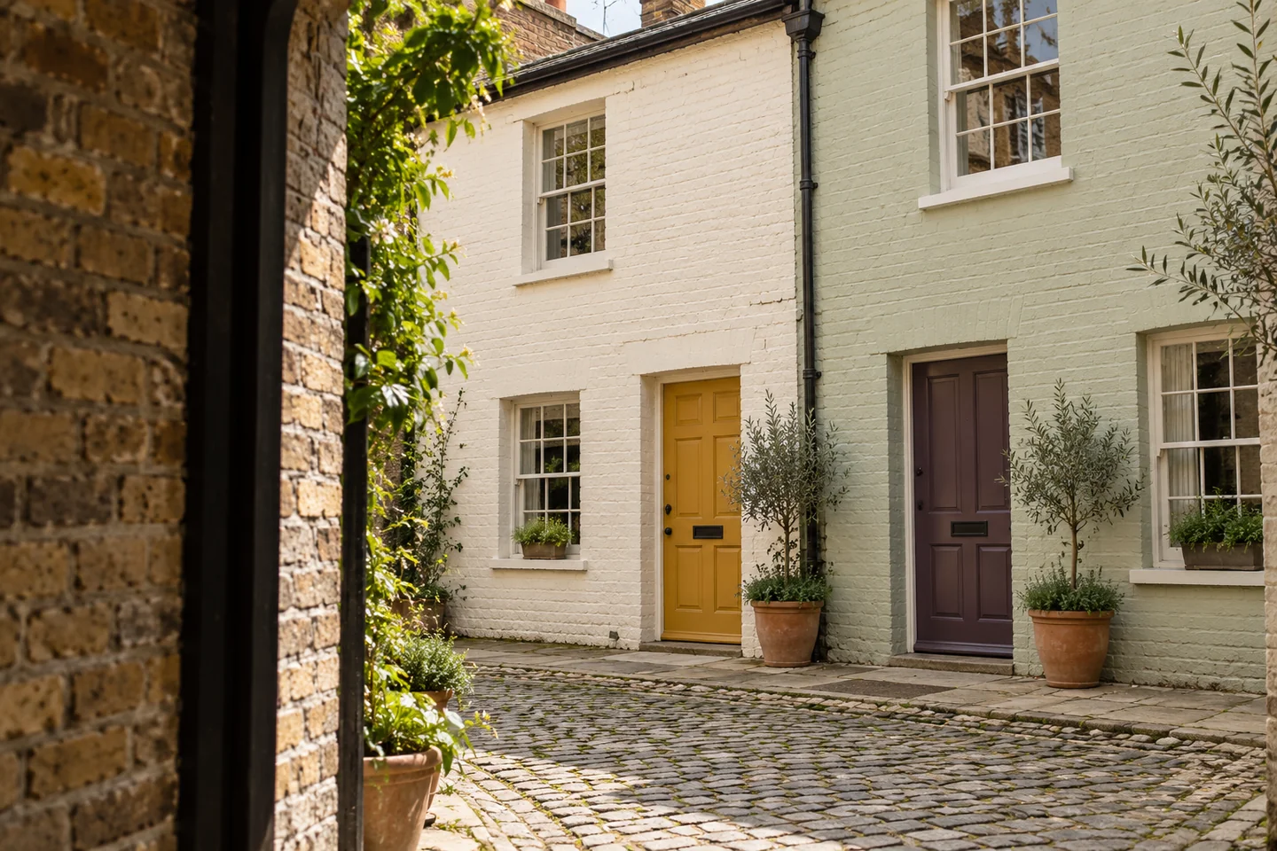 Small painted-brick mews houses with ochre and plum doors beside a cobbled court
