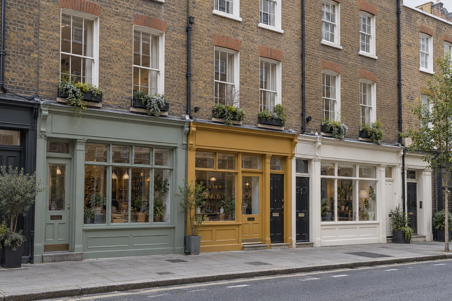 Narrow brick terrace with muted green, ochre and white shopfronts beneath sash windows