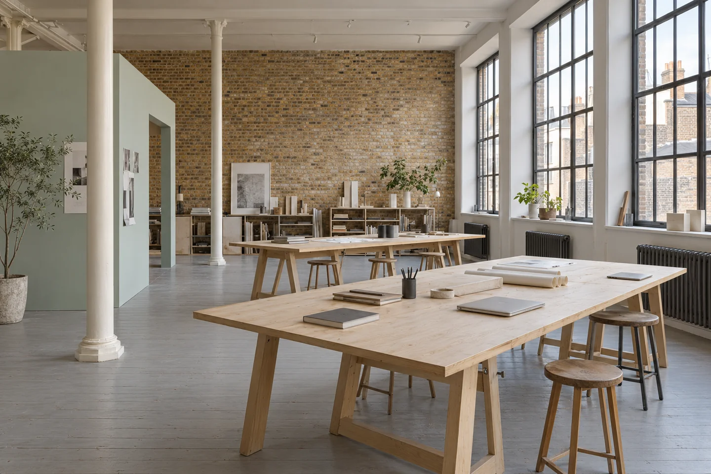 Bright converted workshop studio with exposed brick, white columns and steel-framed windows